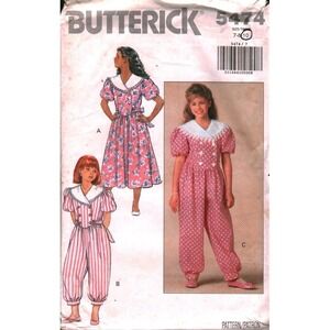 Vintage Butterick 5474 Girls Dress Jumpsuit Sewing Pattern Size 7 8 10 1991 Cut